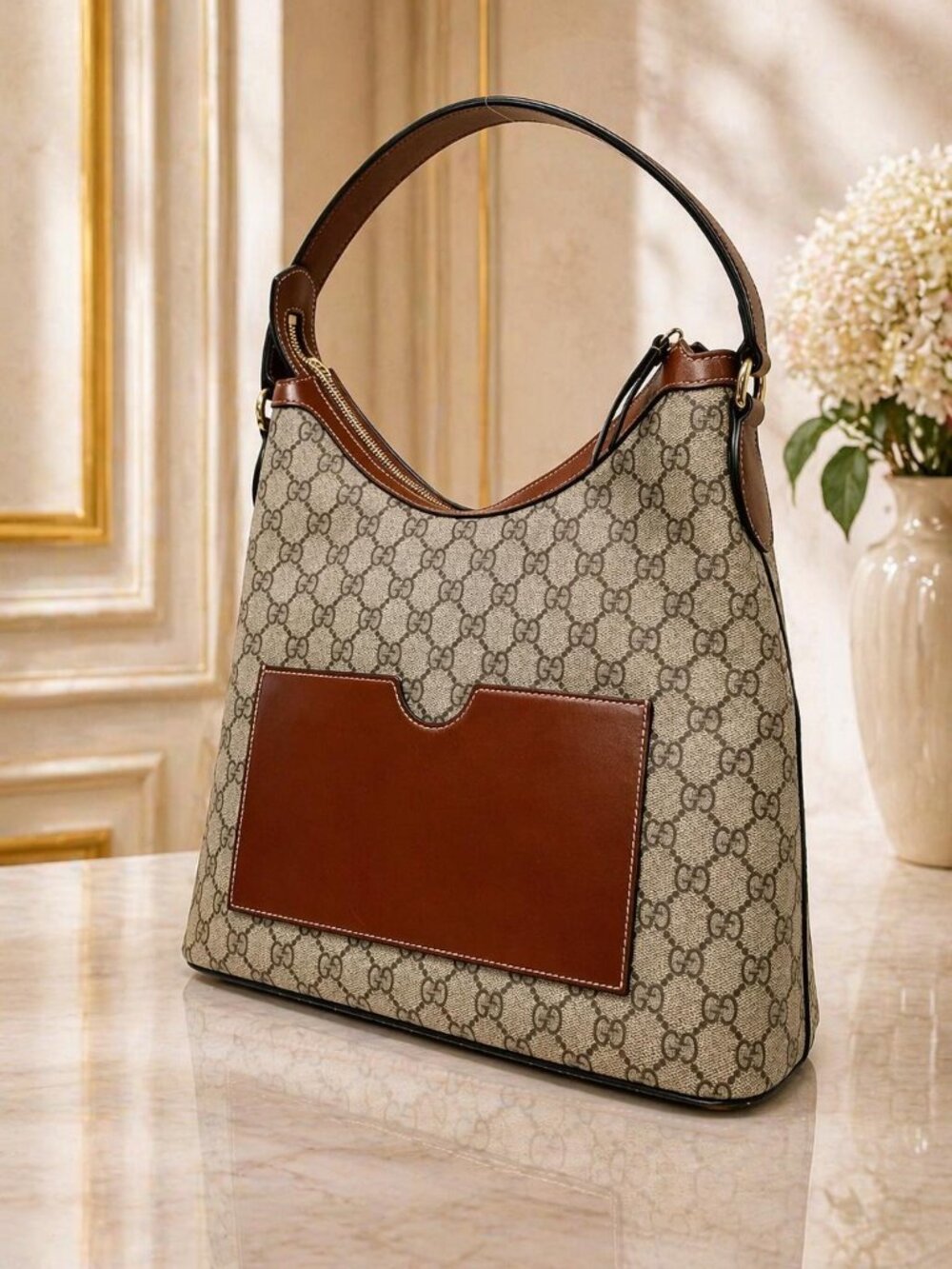 Authentic Gucci GG Supreme Canvas Shoulder Bag Brown Leather Trim | Designer
